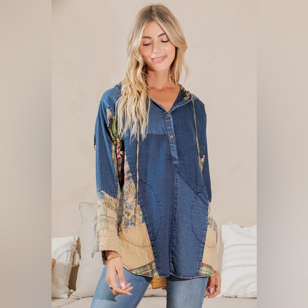 #199 🌸New! Boho Patched Denim Poncho Jacket Top - Picture 4 of 6